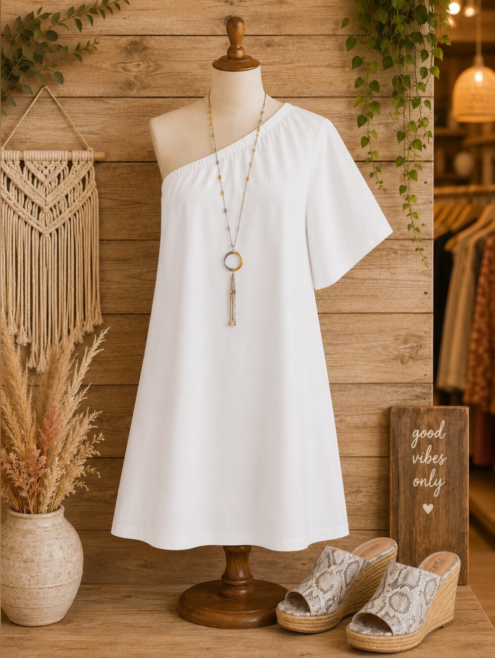 White One-Shoulder Cotton Women's Dress Large